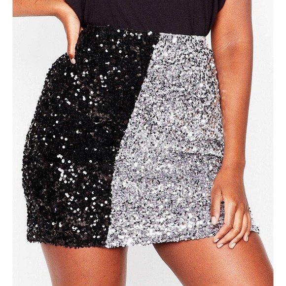 Nasty Gal Dresses & Skirts - Nasty‎ Gal Mini Skirt Size 18 Plus Black Silver Sequin Us Over Two Tone NEW NWT
